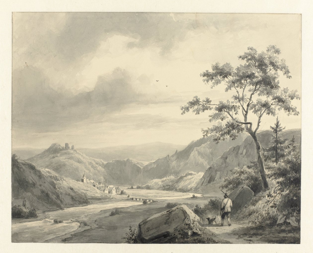 Hilly Landscape with Hunter and Dog on Path by Pierre Louis Dubourcq