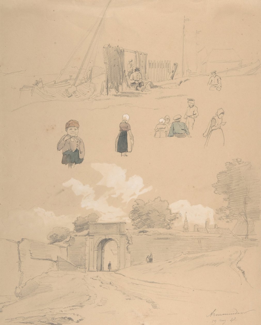 Study Sheet with Figures and Landscapes at Arnemuiden near Middelburg by Pierre Louis Dubourcq