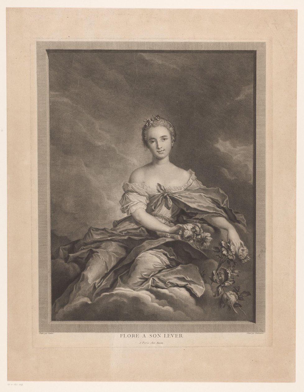 Flora on Clouds with Flowers in Hand (title on object: Flore a son lever) by Pierre Maloeuvre