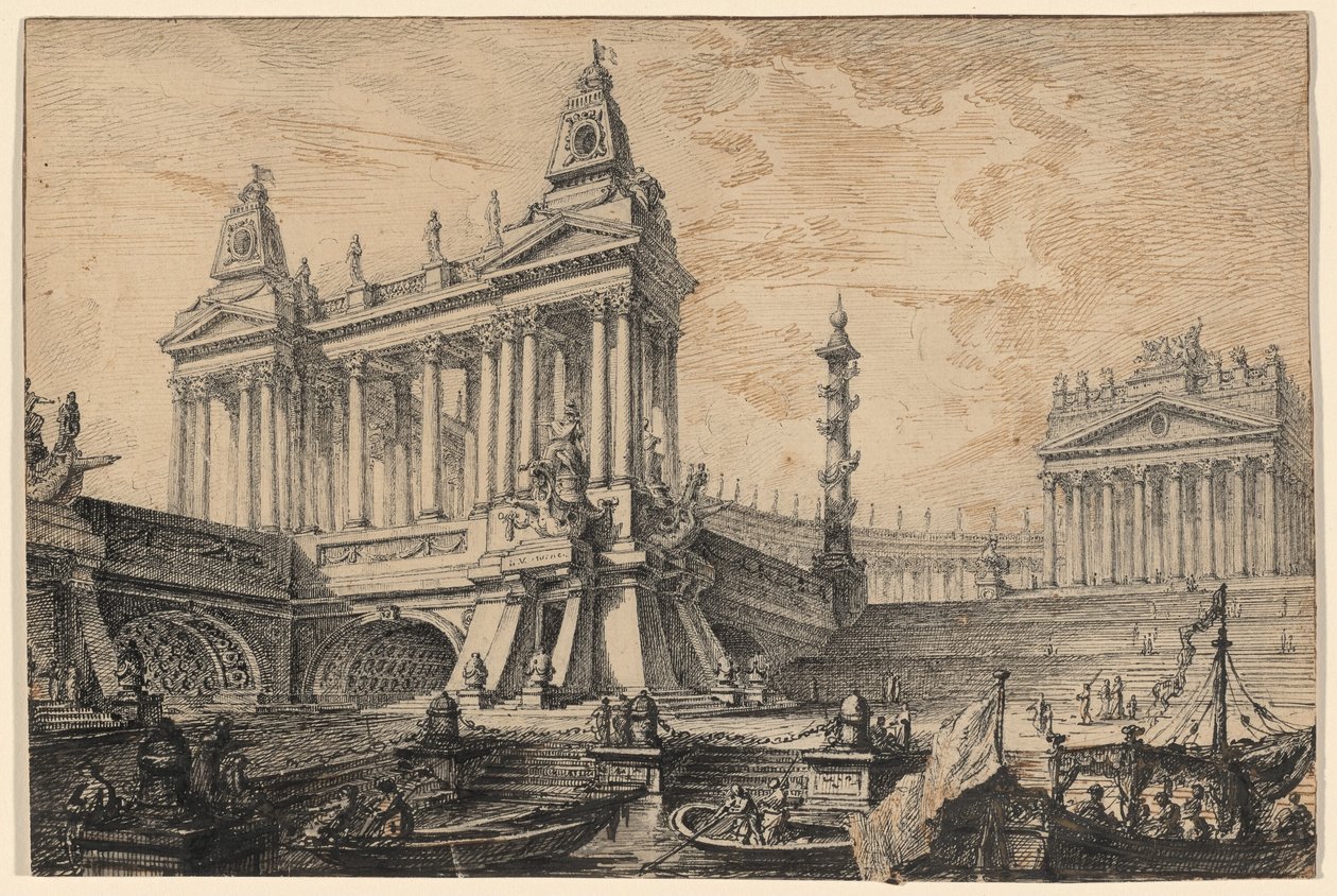 Architectural Fantasy of a Magnificent Ancient Port by Pierre Moreau