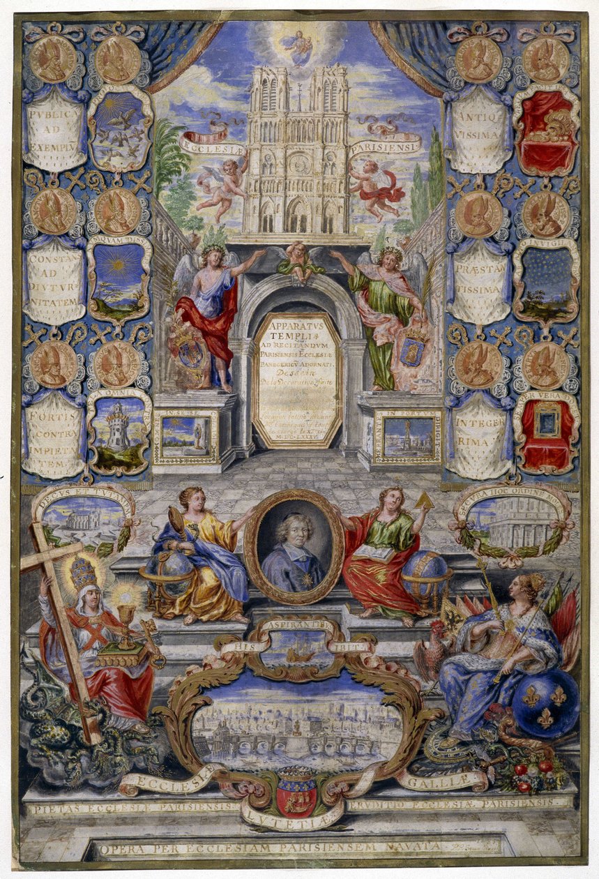 Allegory of the church of Paris on the occasion of the Revocation of the Edict of Nantes on 18/10/1685 the father of Jouvency gave a sermon at the college of Clermont in December 1685 in medallion the archbishop of Paris, Harlay de Chanvallon who encourage by Pierre Paul Sevin