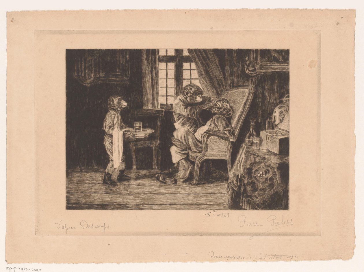 Satirical Depiction of Monkeys as Dentist, Assistant, and Patient by Pierre Peeters (signed by artist)