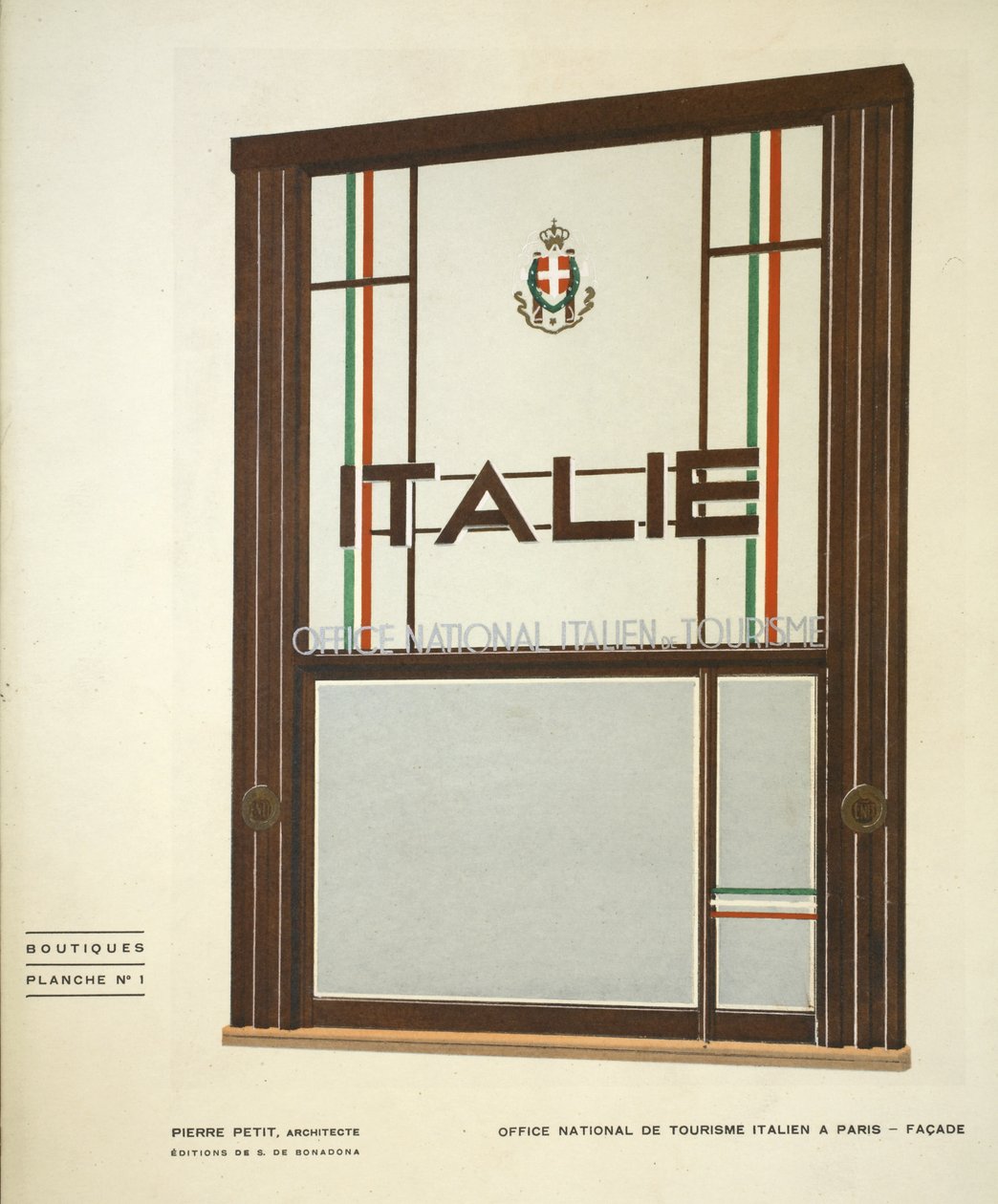 Office National de Tourisme Italien A Paris, Pierre Petit, Boutiques, Henry Delacroix, Editions S De Bonadona, Paris, Late 1920s, Pochoir Print by Pierre Petit