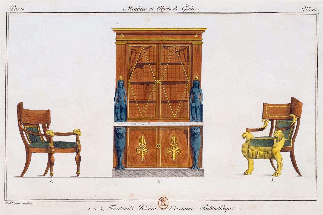 Armchairs and library writing desk, plate 12, illustration from Collection of furniture and objects of taste by Pierre de La Mesangere