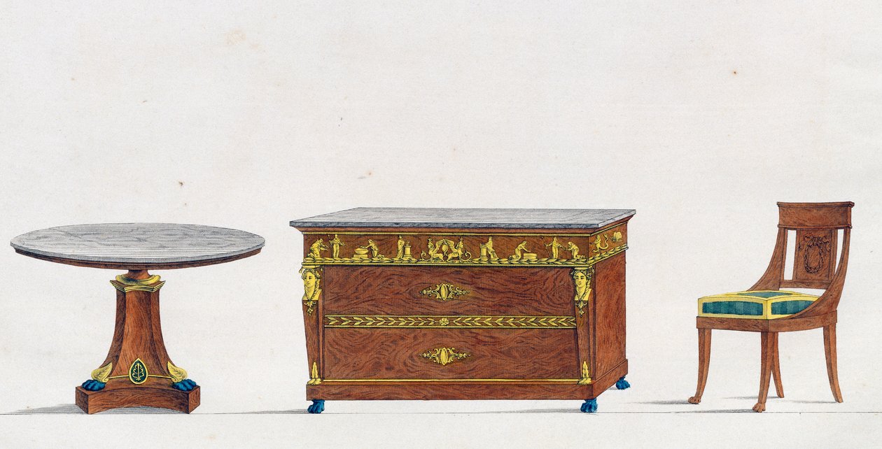 Mahogany table, chest of drawers and chair, plate 241, illustration from Collection of furniture and objects of taste by Pierre de La Mesangere