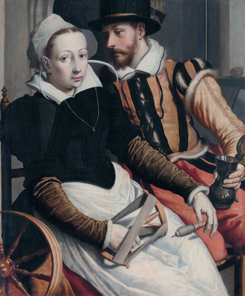 A Woman at the Spinning Wheel and a Man with a Mug Seated in an Interior by Pieter Pietersz the Elder