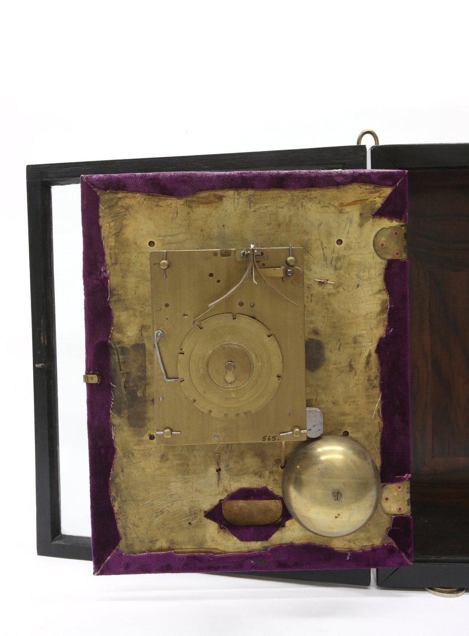The back of the dial and movement of a table clock by Pieter Visbach