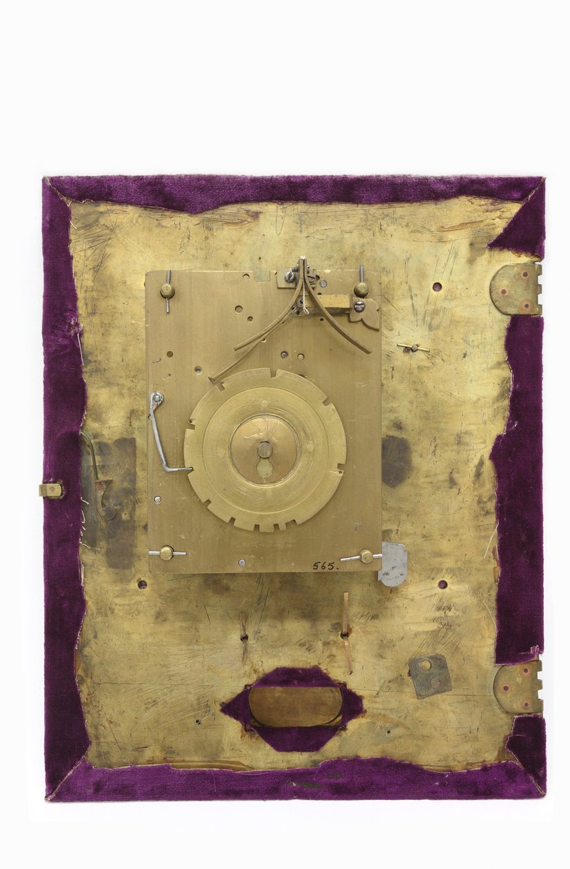 The back of the dial and movement of a table clock by Pieter Visbach