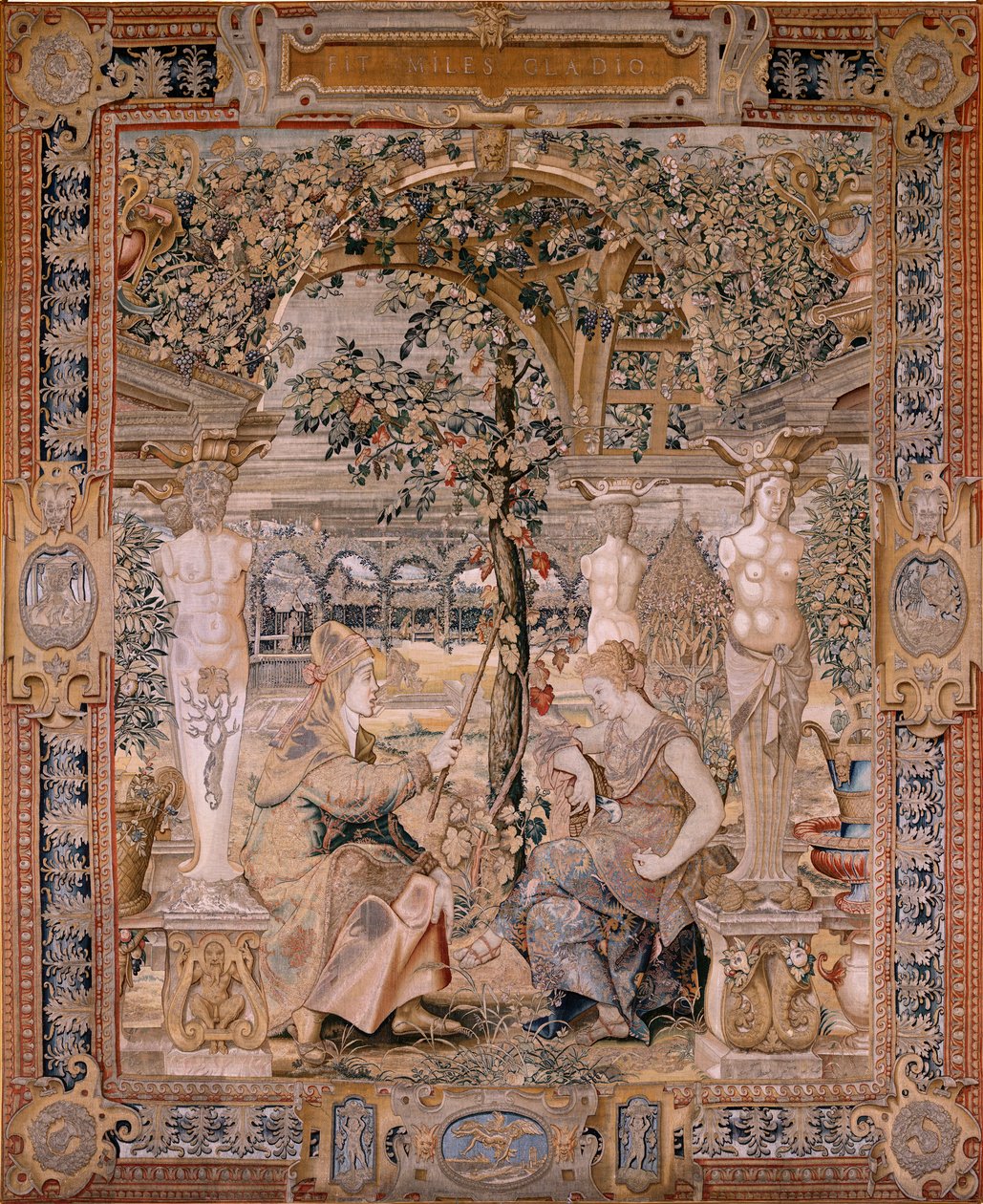 Flemish tapestry. Series Vertumnus and Pomona. Vertumnus transformed into an old woman. Sixth tapestry in the series. Model Circle of Pieter Coecke van Aelst. Manufacture Wilhelm Pannemaker, Brussels. Ca1545-1550 by Pieter (circle of) Coecke van Aelst