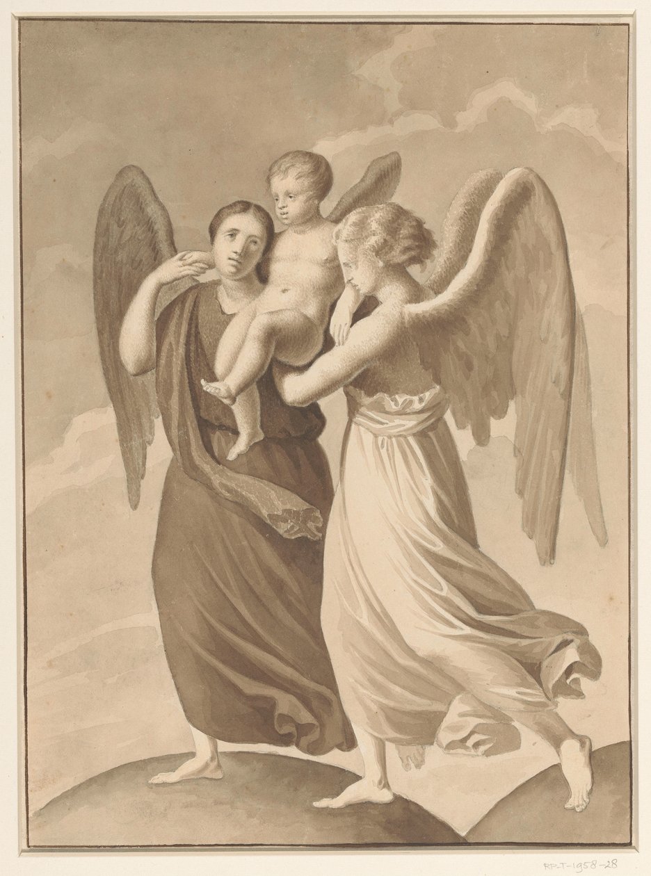 Two Angels Carrying a Child Across the Divide of Two Globe-like Worlds by Pieter Christoffel Wonder
