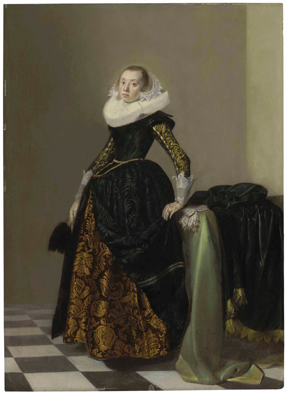 Portrait of a Richly Dressed Young Lady, Full-Length, Before a Draped Table by Pieter Codde