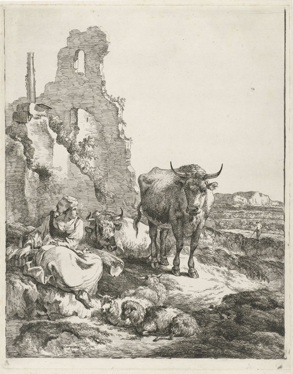 Landscape with Standing and Lying Cow and Shepherdess in Front of a Ruin by Pieter Gerardus van Os