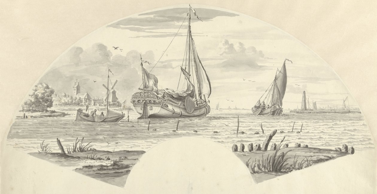 View of Several Boats on the Water and a Mill by a Church by Pieter Idserts