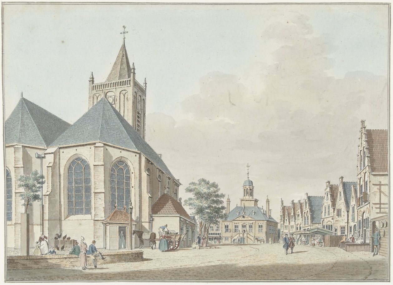 The Market in Vlaardingen with the Church and Town Hall by Pieter Jan van Liender