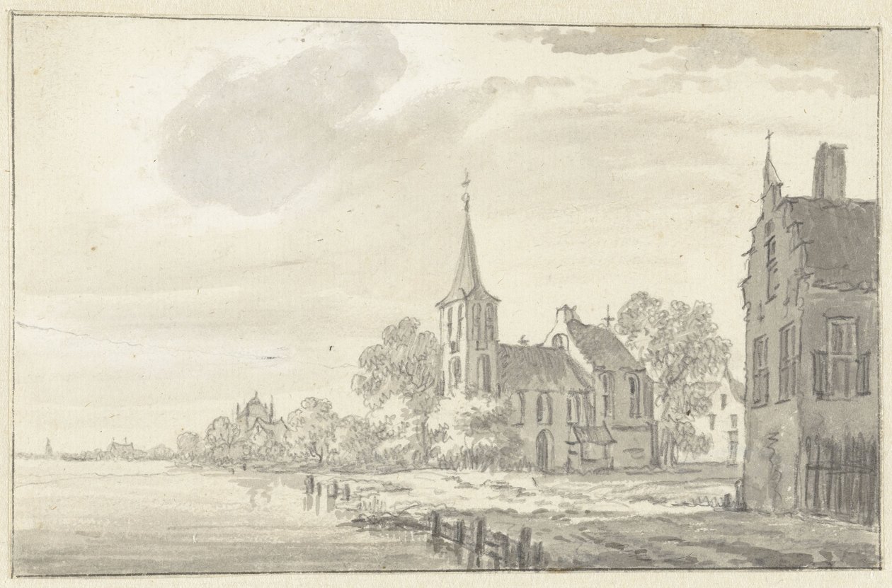 Village Church and Houses by a River by Pieter Jan van Liender
