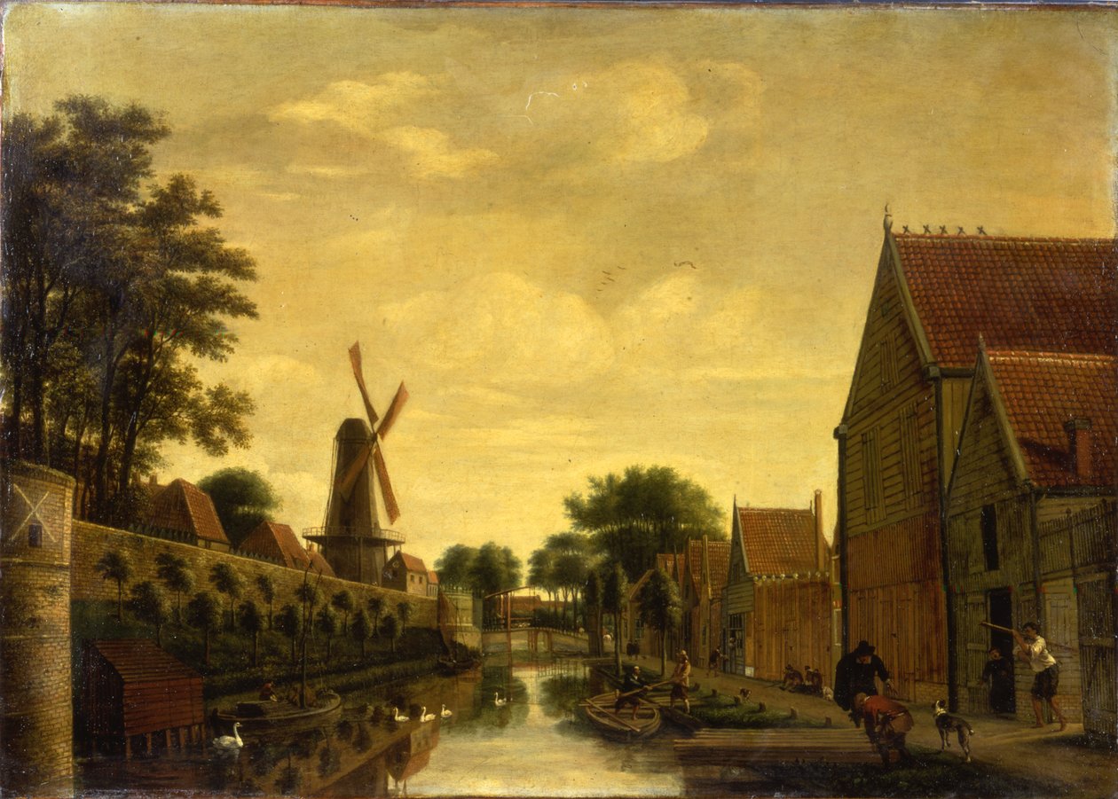 A Canal by a Town Wall with Labourers Unloading Timber, c.1650 by Pieter Jansz. van Asch