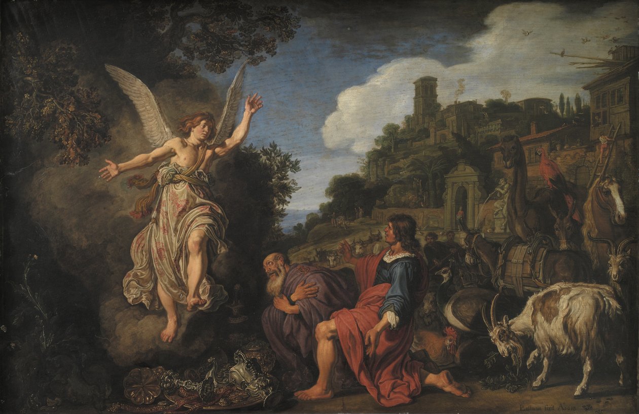 The Angel Raphael Takes Leave of Old Tobit and His Son Tobias by Pieter Lastman