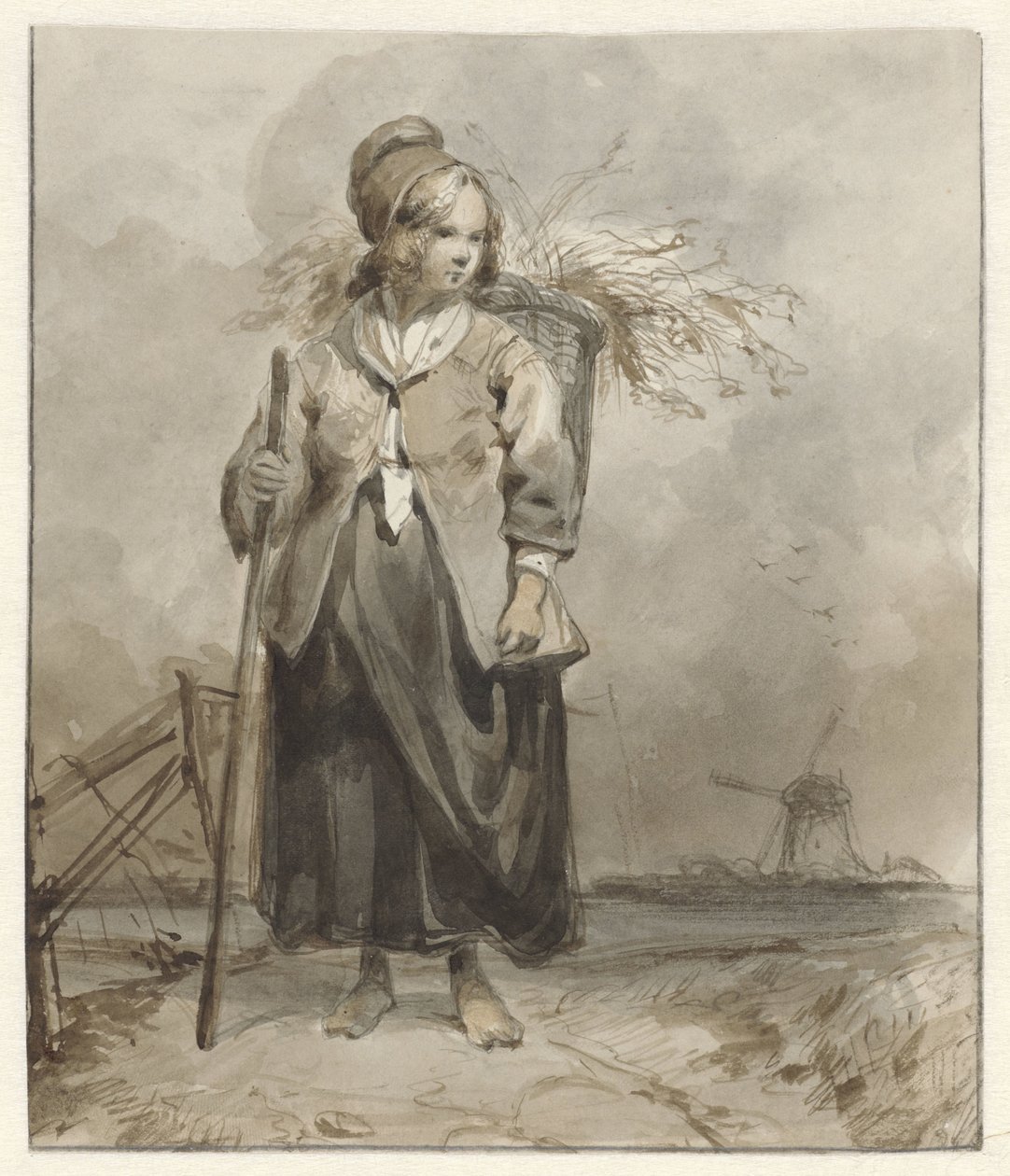 Standing Woman with Stick and Basket on Her Back by Pieter Marinus van de Laar (attributed to)