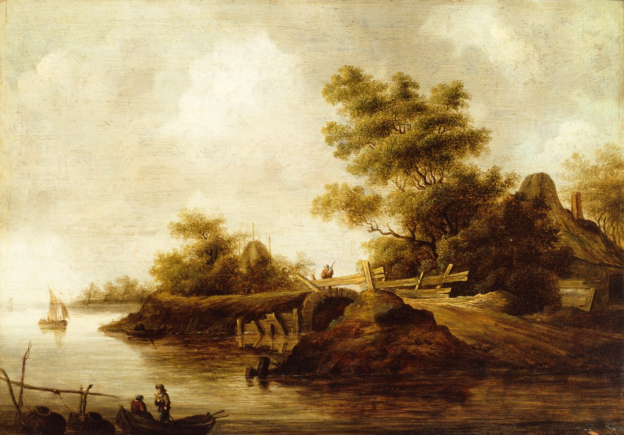A River Landscape with Figures in a Boat and a Traveller on a Bridge by Pieter Nolpe