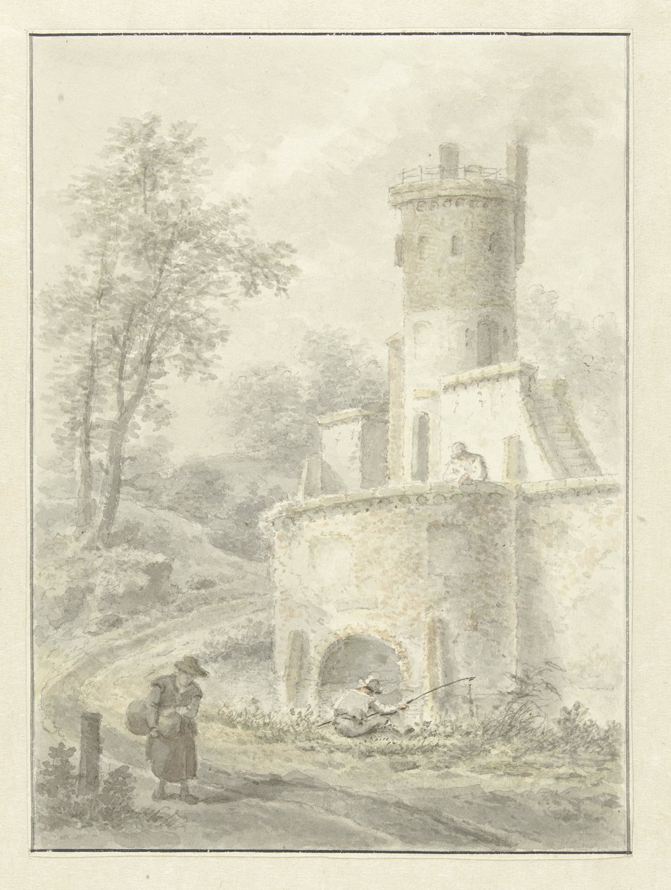 Landscape with Angler and Walking Woman by a Fortress Tower by Pieter Pietersz. Barbiers