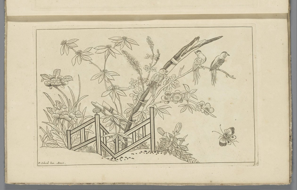 Three Birds in a Blooming Tree (Chinese Flowers and Birds series) by Pieter Schenk (II)