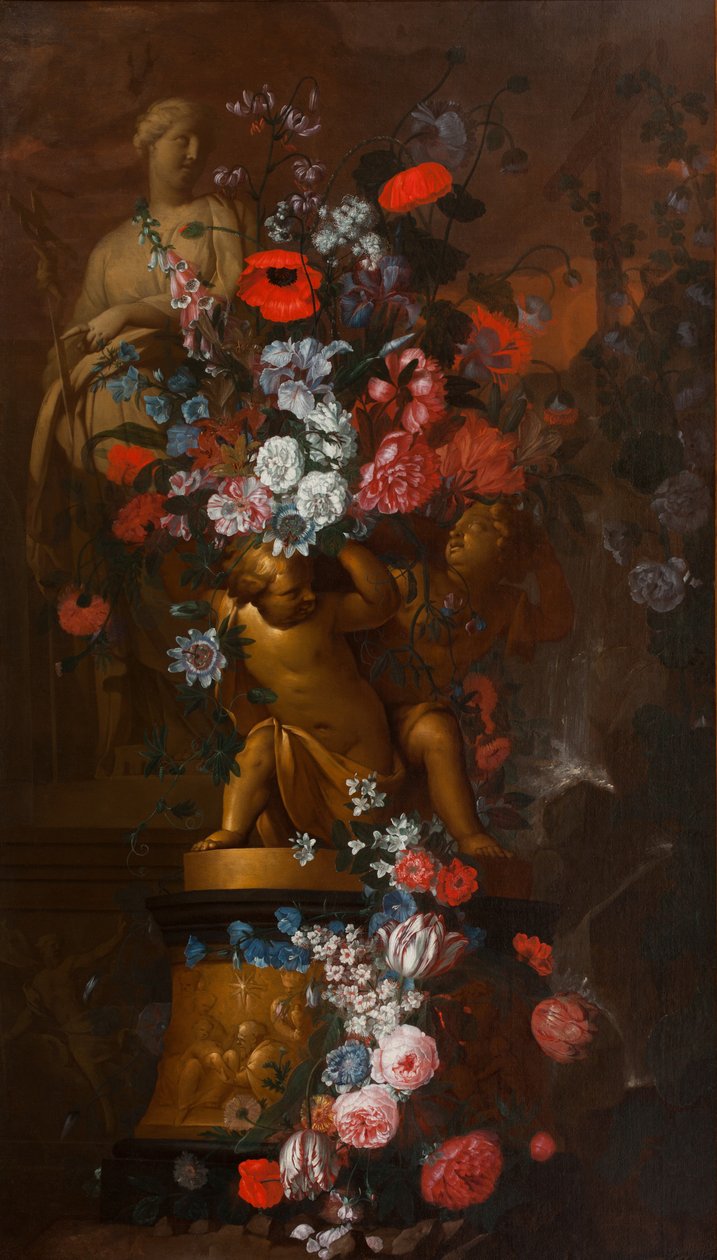 Cascading Flowers with Sculptures of a Female Saint and Golden Putti on a Base with a Nativity Scene in a Garden at Twilight by Pieter & Terwesten Mattheus (1670-1757) Hardime