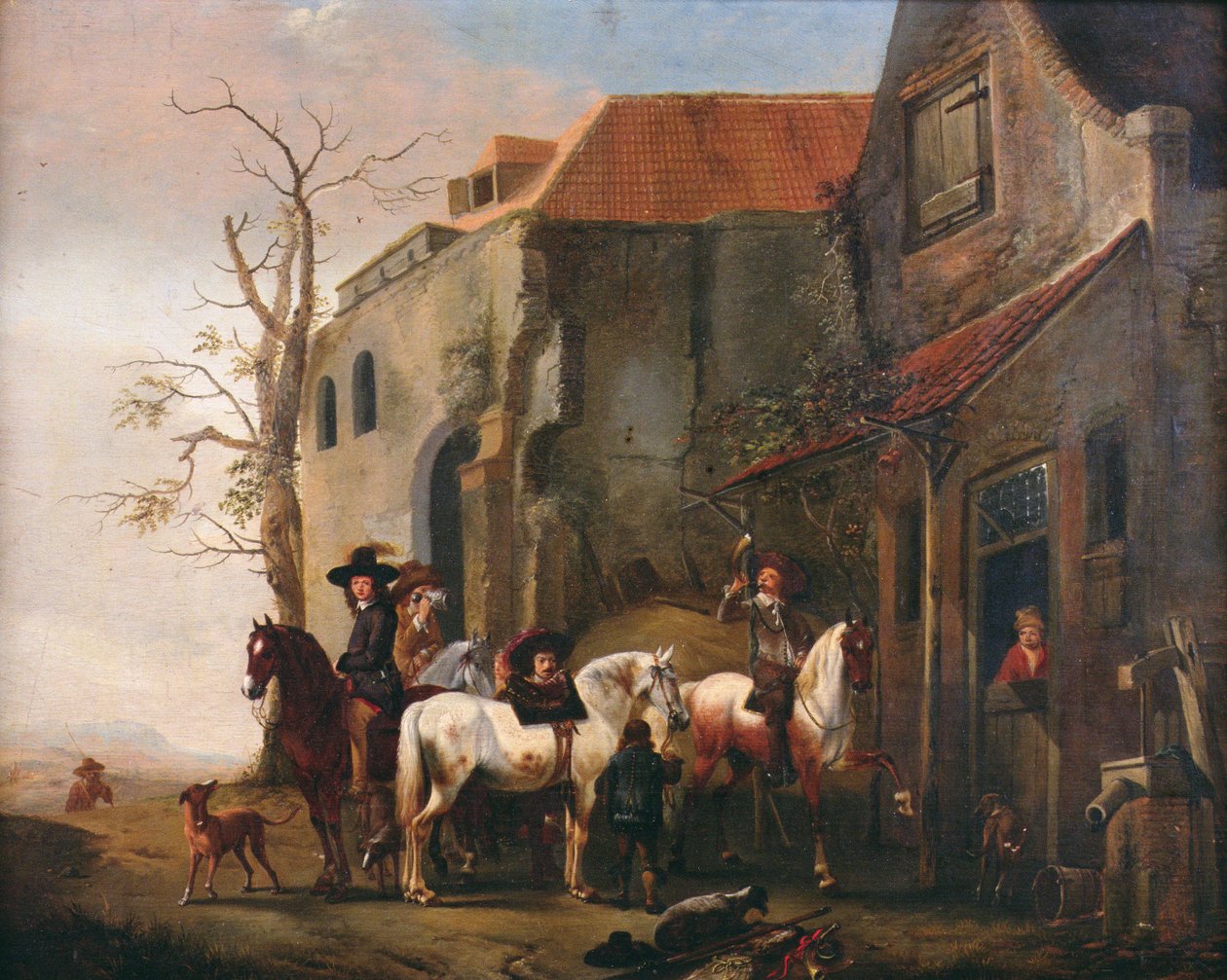 Riders and Horses at the Door of an Inn by Pieter Wouwermans or Wouwerman