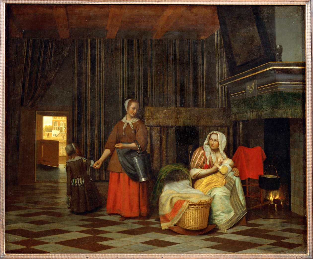 Interior with Mother Feeding Her Child, and a Maid by Pieter de Hooch