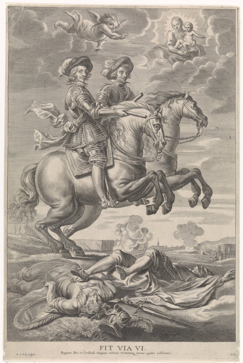 Ferdinand of Austria with Ferdinand, King of Bohemia and Hungary, on horseback at the victory at Nördlingen (series title: Joyous Entry of the Cardinal-Infant in Ghent, 1635) by Pieter de Jode (II)