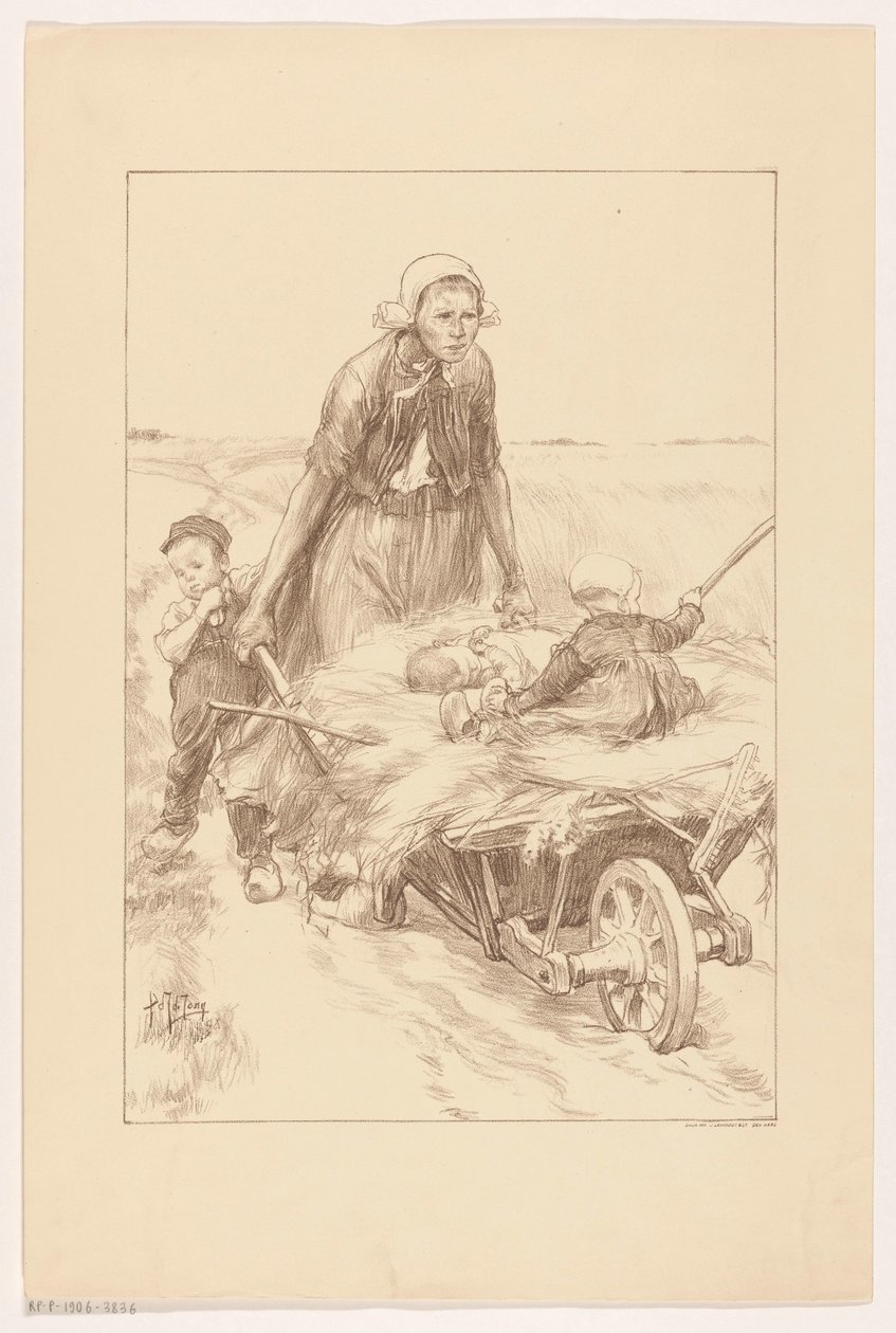 Peasant Woman Pushing a Wheelbarrow with Hay and Two Children by Pieter de Josselin