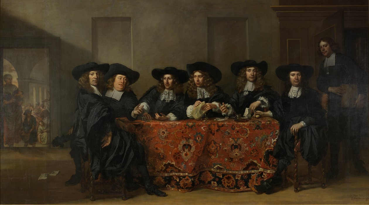 Six Regents and the Housemaster of the Oude Zijds Institute for the Outdoor Relief of the Poor, Amsterdam, 1675 by Pieter van Anraedt