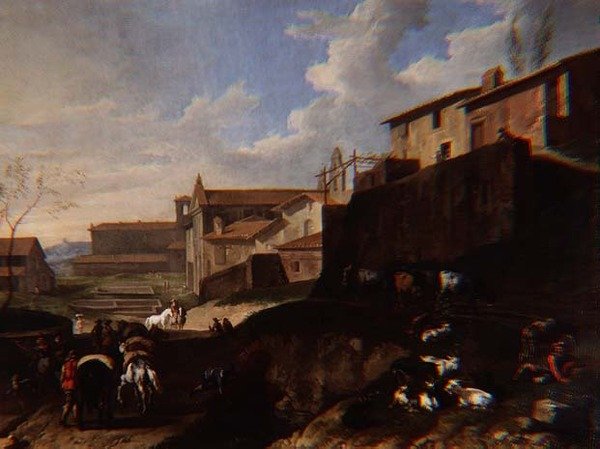 Capriccio View with Churches, Cottages and Travellers by Pieter van Bloemen