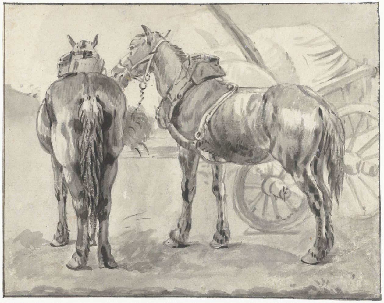 Two Harnessed Horses by a Cart by Pieter van Bloemen