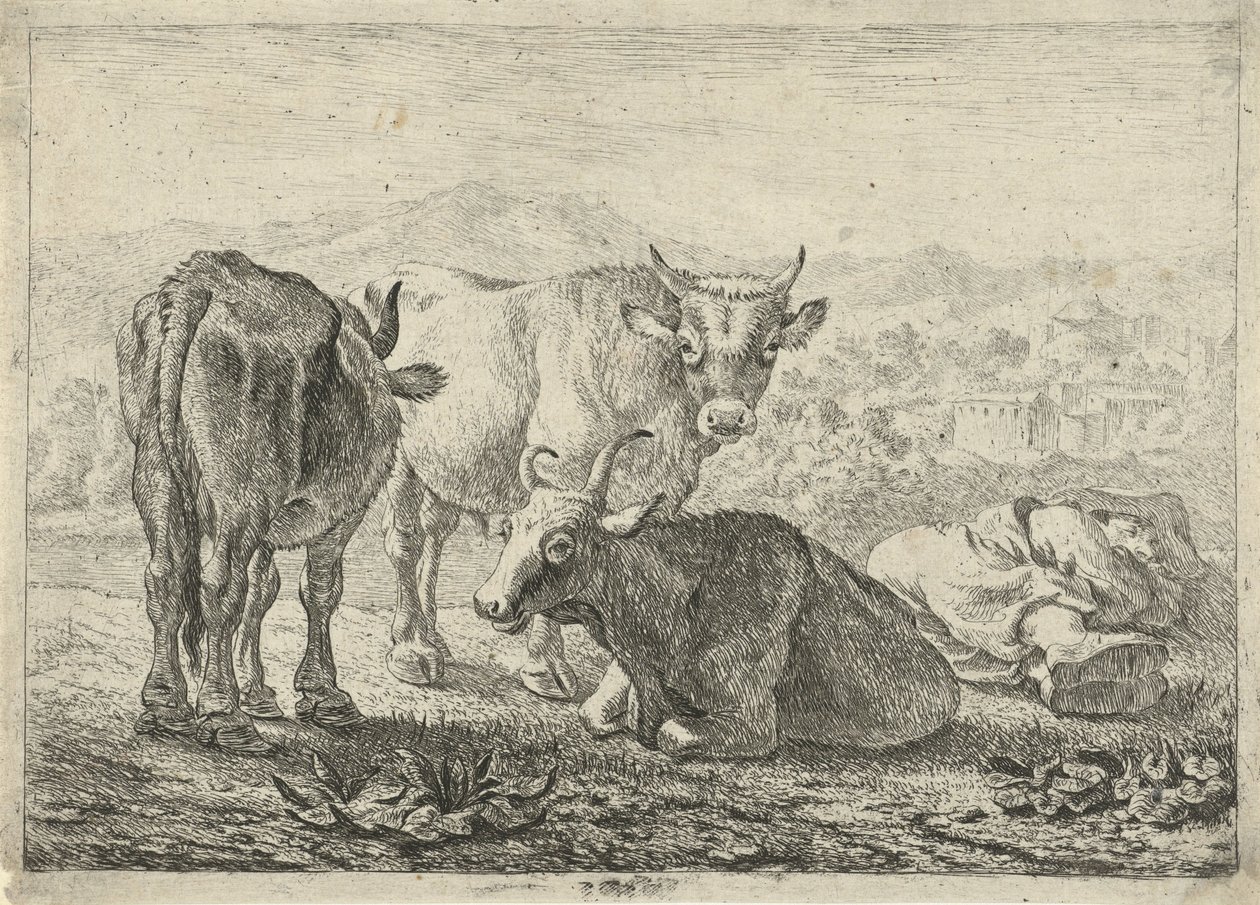 Three Cattle and a Sleeping Shepherd by Pieter van Laer