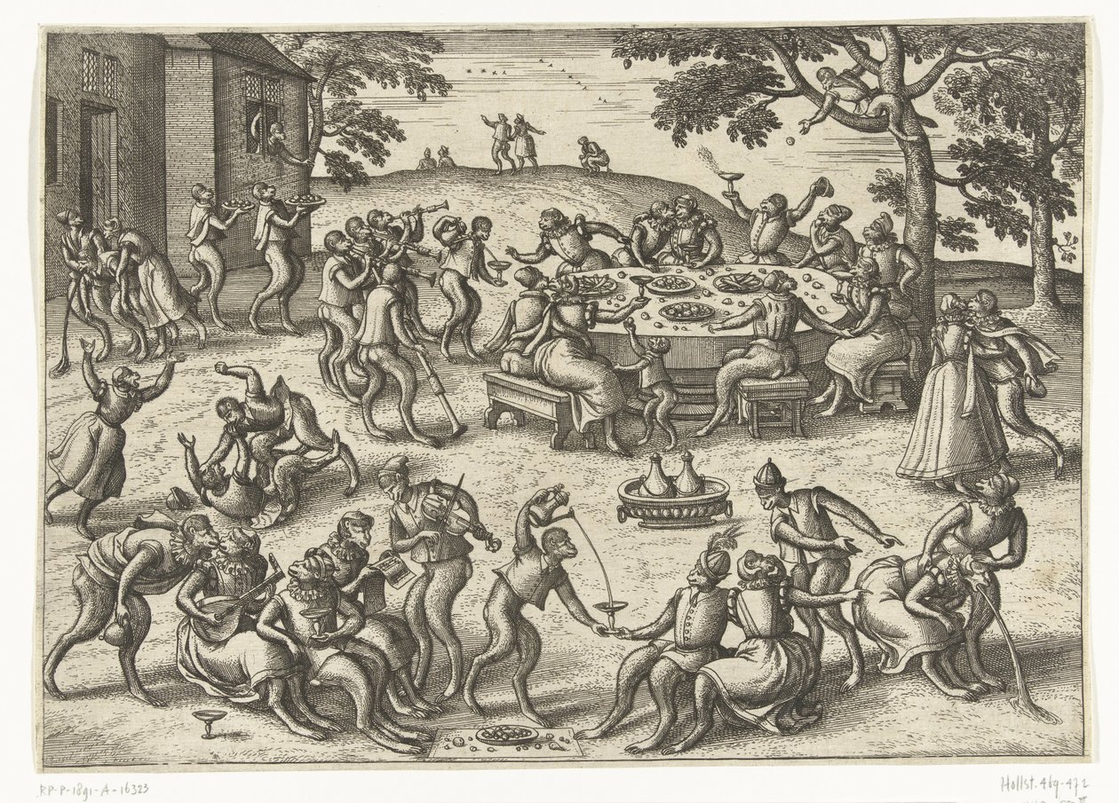 Banquet in the open air, Apenspel (series title) by Pieter van der Borcht (I)