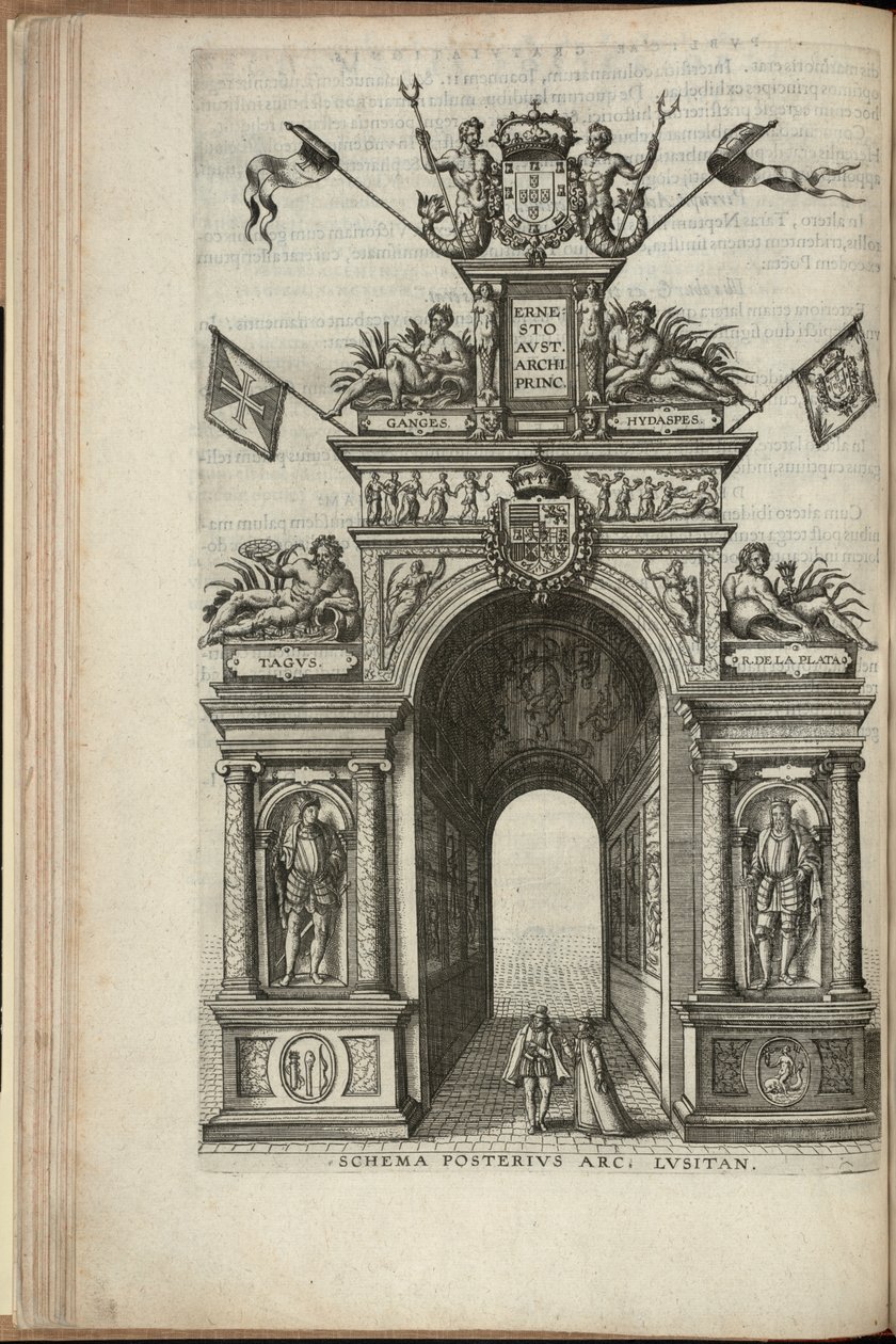 Rivers Tagus, Plata, Ganges and Hydaspes, The Back Face of the Portuguese Triumphal Arch, Entry of Ernst, Archduke of Austria, into Antwerp, Published 1595 by Pieter van der Borcht