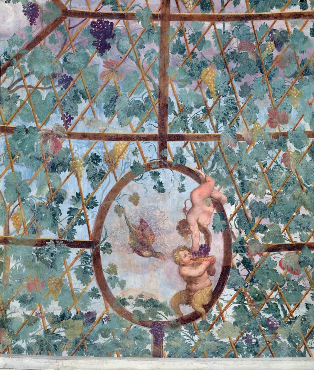The semicircular ionic portico, detail of the ceiling vault depicting a putto feeding a young satyr grapes, 1551-55 by Pietro Venale