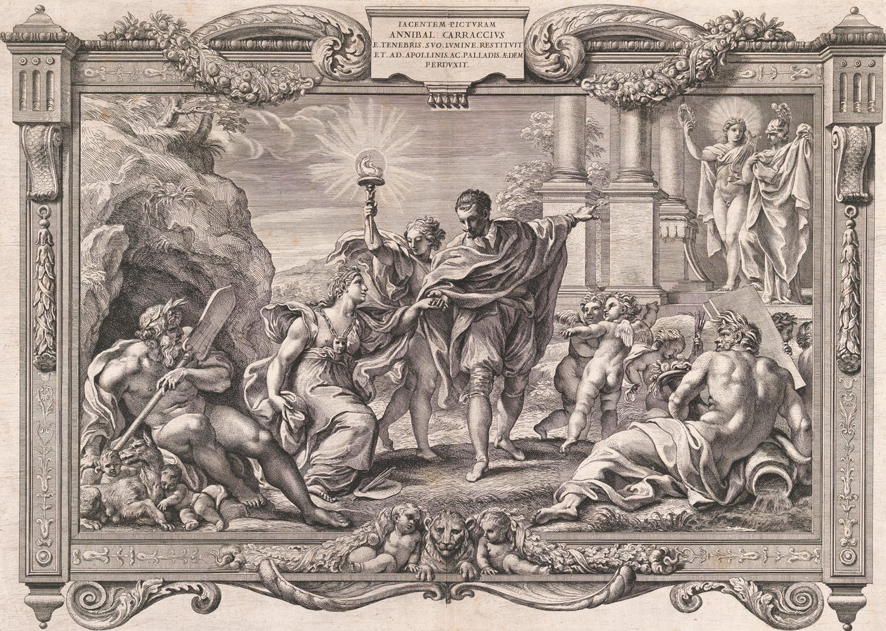 Annibale Carracci Introduces Painting to Apollo and Minerva, 1674 by Pietro Aquila