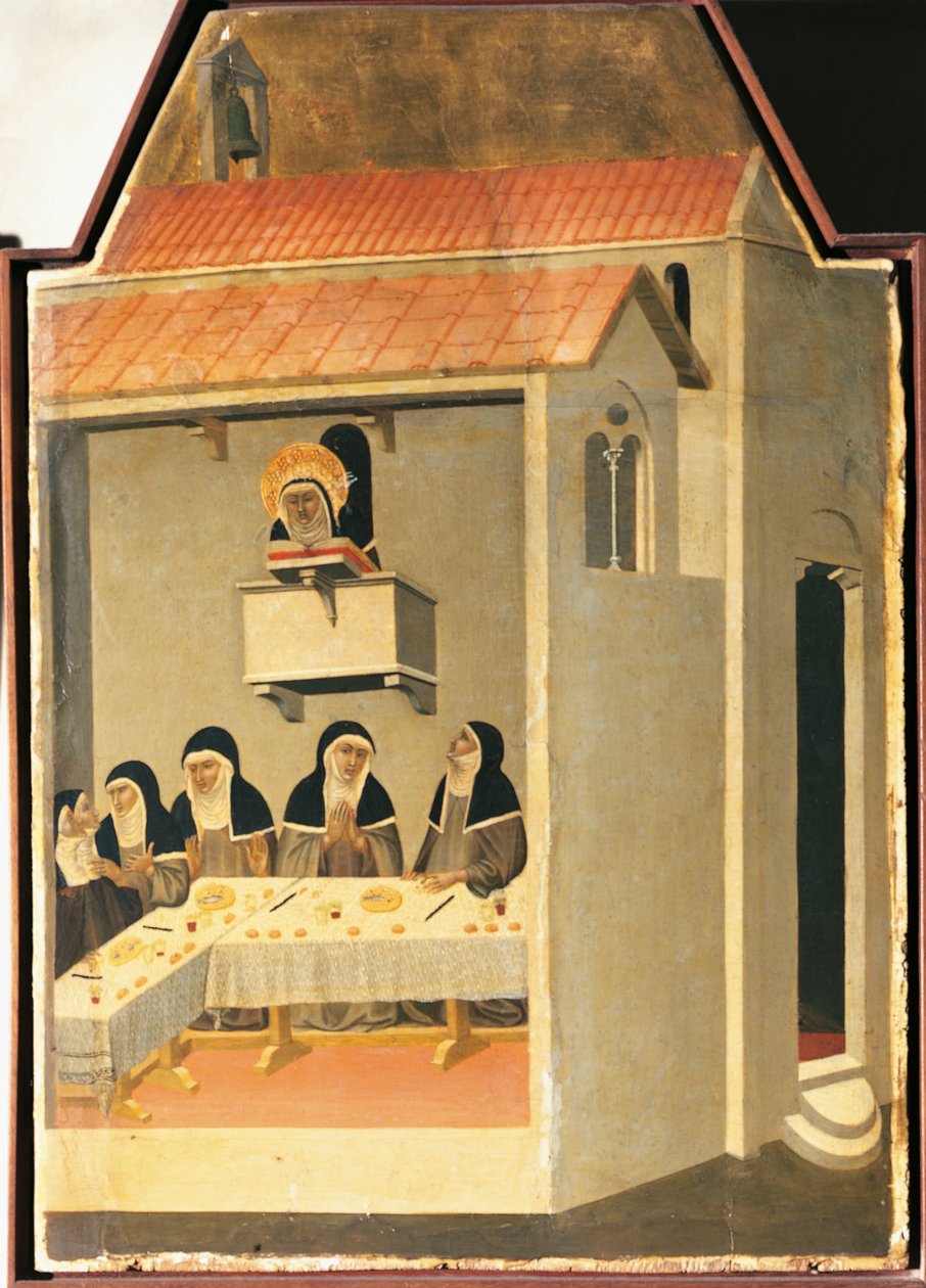 The Blessed Humility miraculously manages to read in refectory of Santa Perpetua, tile from altarpiece of Blessed Humility by Pietro Lorenzetti