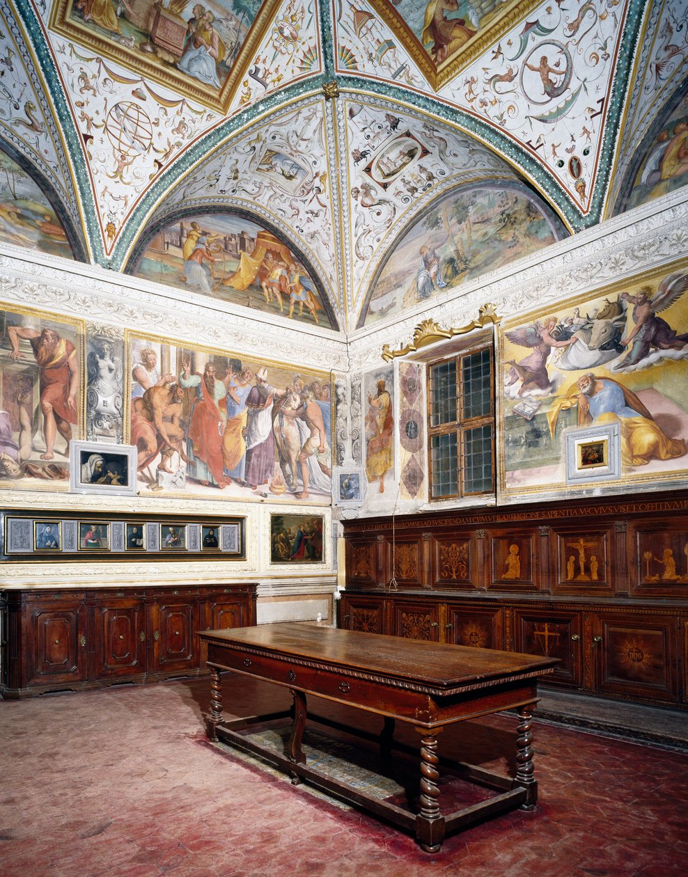 Glimpse of sacristy with Perugino panels, Basilica of Saint Peter, Perugia, Umbria, Italy by Pietro Perugino