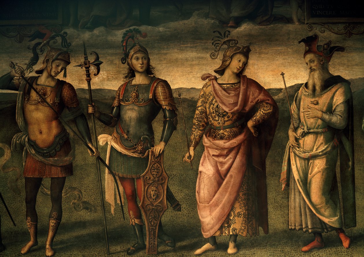 Leonidas Lacedaemonian, Horatius Cocles, Publius Scipio, Pericles of Athens, Allegories of Fortitude and Temperance with Six Antique Heroes by Pietro Perugino