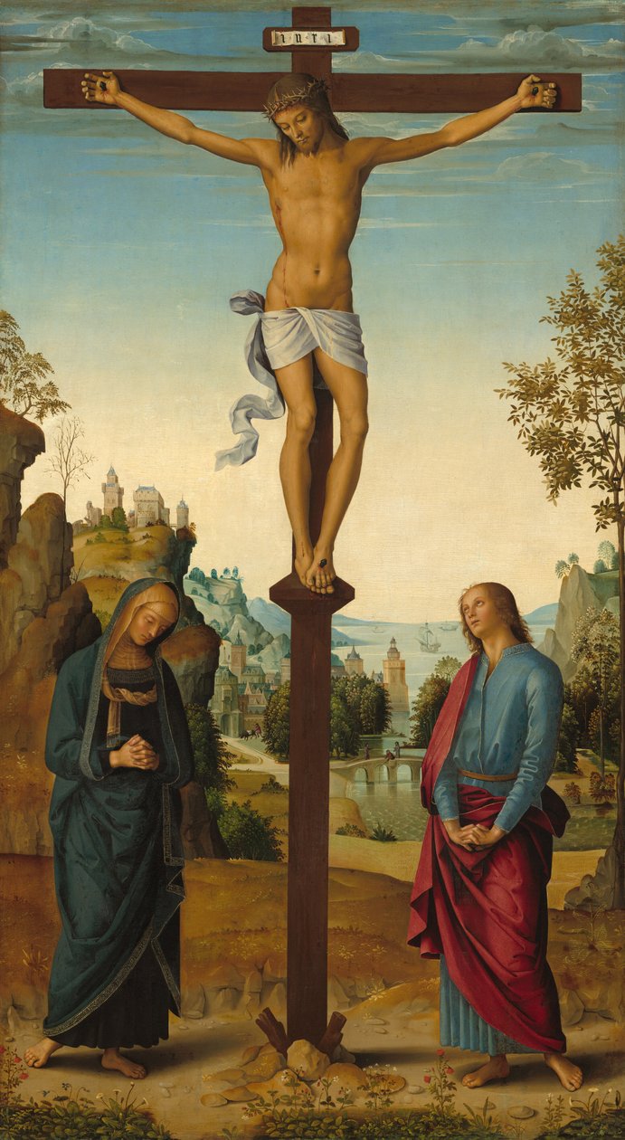 The Crucifixion with the Virgin, Saint John, Saint Jerome, and Saint Mary Magdalene (middle panel) by Pietro Perugino