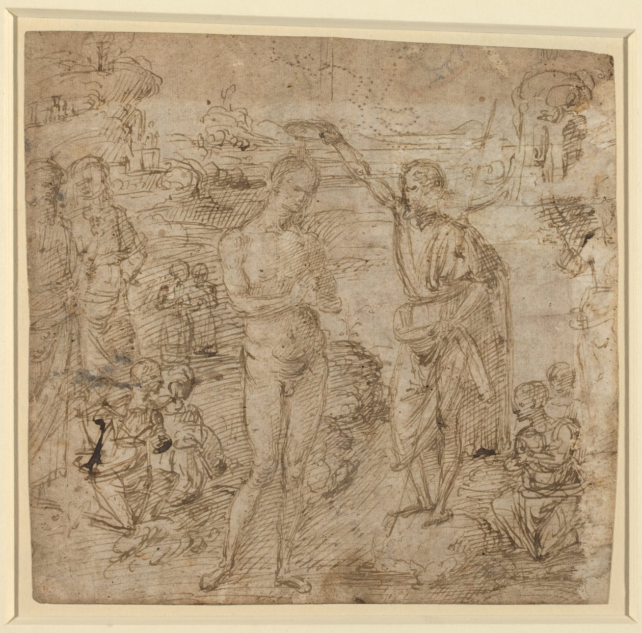 a) The Baptism of Christ; b) Draped Figure Holding a Book and Man Wielding an Ax with a Figure, c.1475 by Pietro Perugino