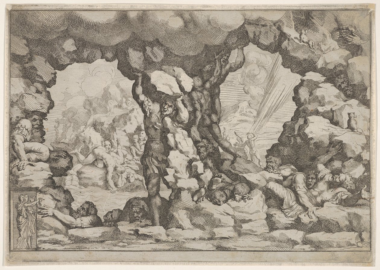A giant heaving a boulder at center, other giants to left and right struggling and rec... by Pietro Santi Bartoli