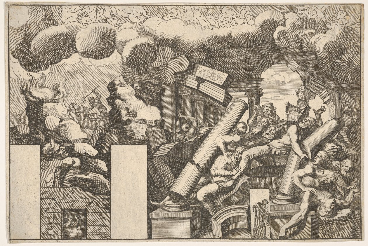 Giants Crushed by Rocks and the Falling Columns of the Temple, Clouds of Smoke Above... by Pietro Santi Bartoli