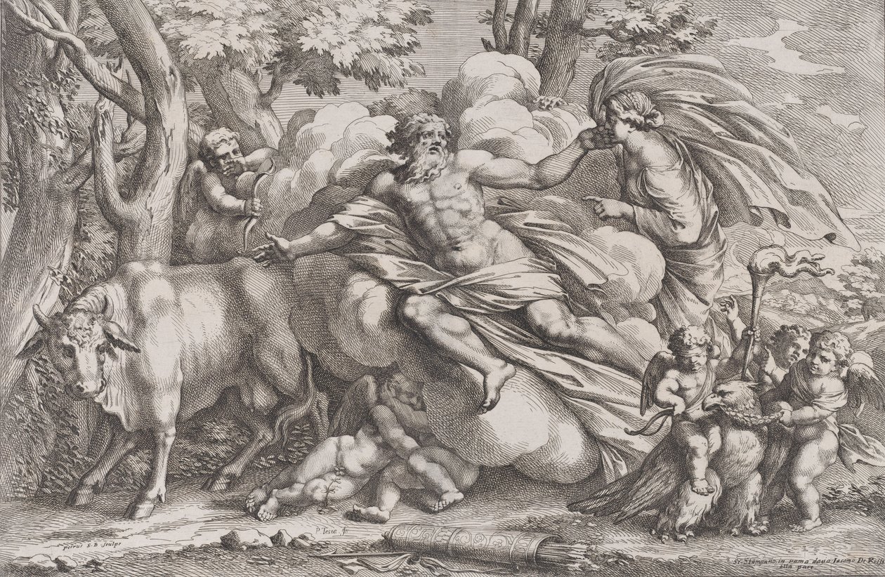Io at the left as a cow, Jupiter on a cloud in the centre and Juno at the right, 1650-90 by Pietro Santi Bartoli