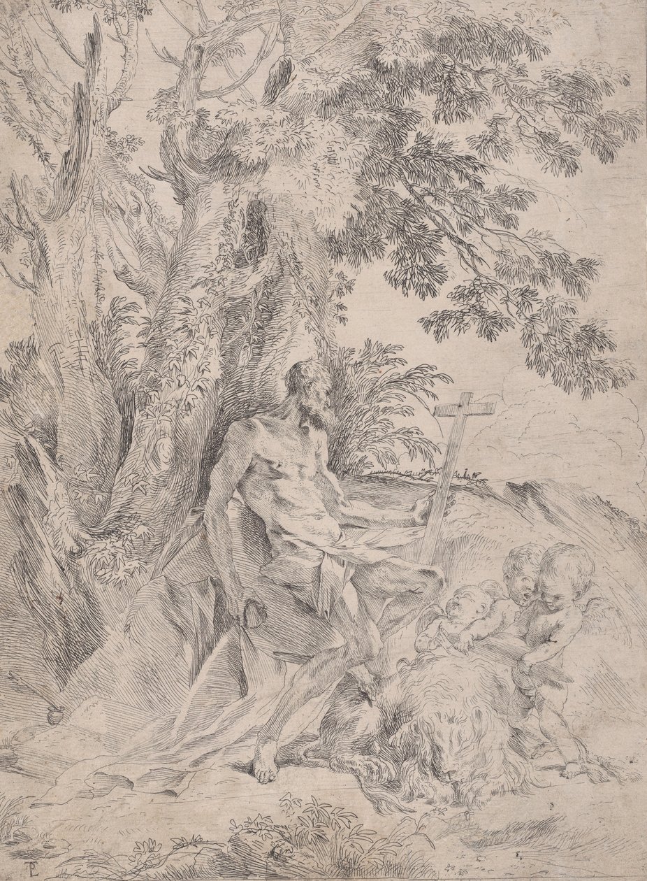 Saint Jerome before a Crucifix Accompanied by a Lion and Three Putti by Pietro Testa