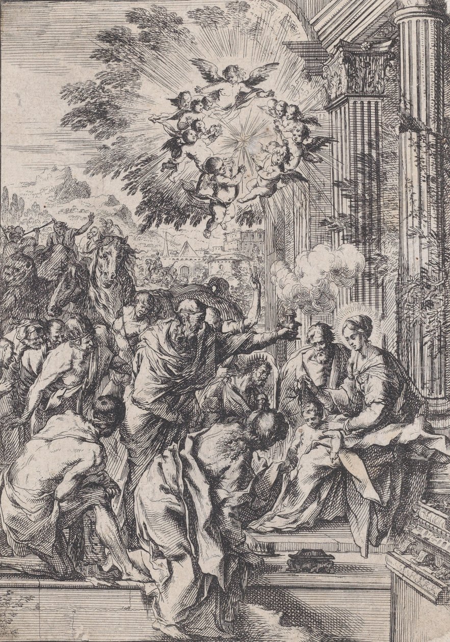 The Adoration of the Magi, set before an architectural colonnade by Pietro Testa