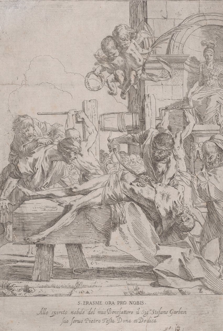The martyrdom of Saint Erasmus who is prostrate having in innards removed, two putti a... by Pietro Testa