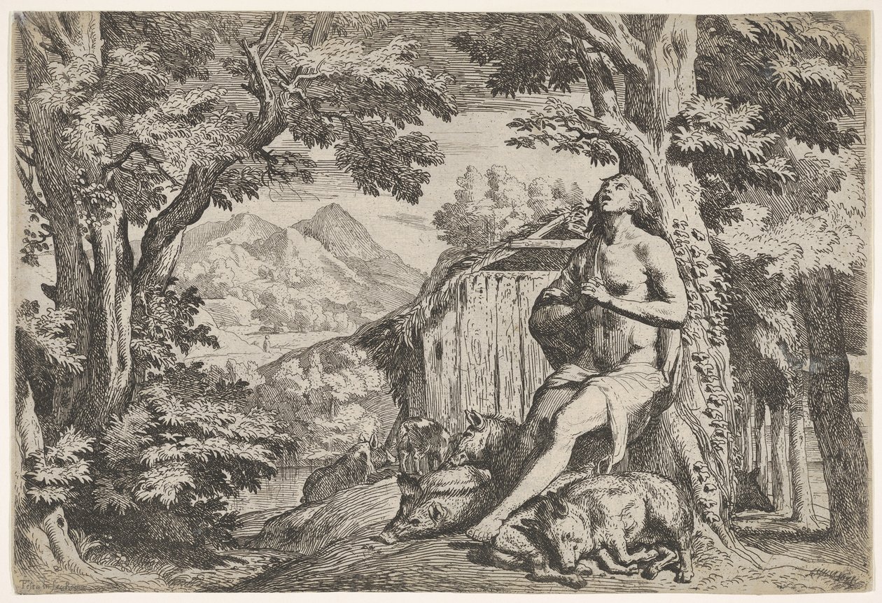 The prodigal son seated at the base of a tree among swine, his gaze directed upward by Pietro Testa